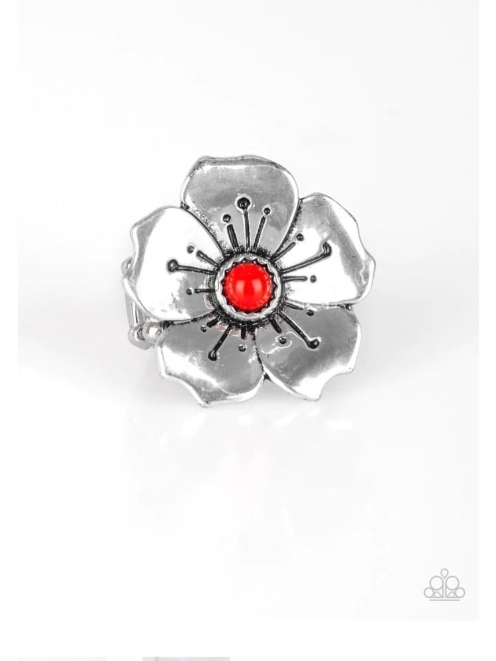 Boho Blossom Paparazzi Silver Poppy Brooch with Red Center